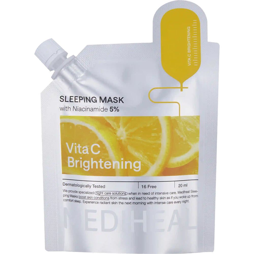 Verpackung der MEDIHEAL Vita C Brightening Schlafmaske. Beutel mit gelbem Akzent. Text: Sleeping Mask, Vita C Brightening.