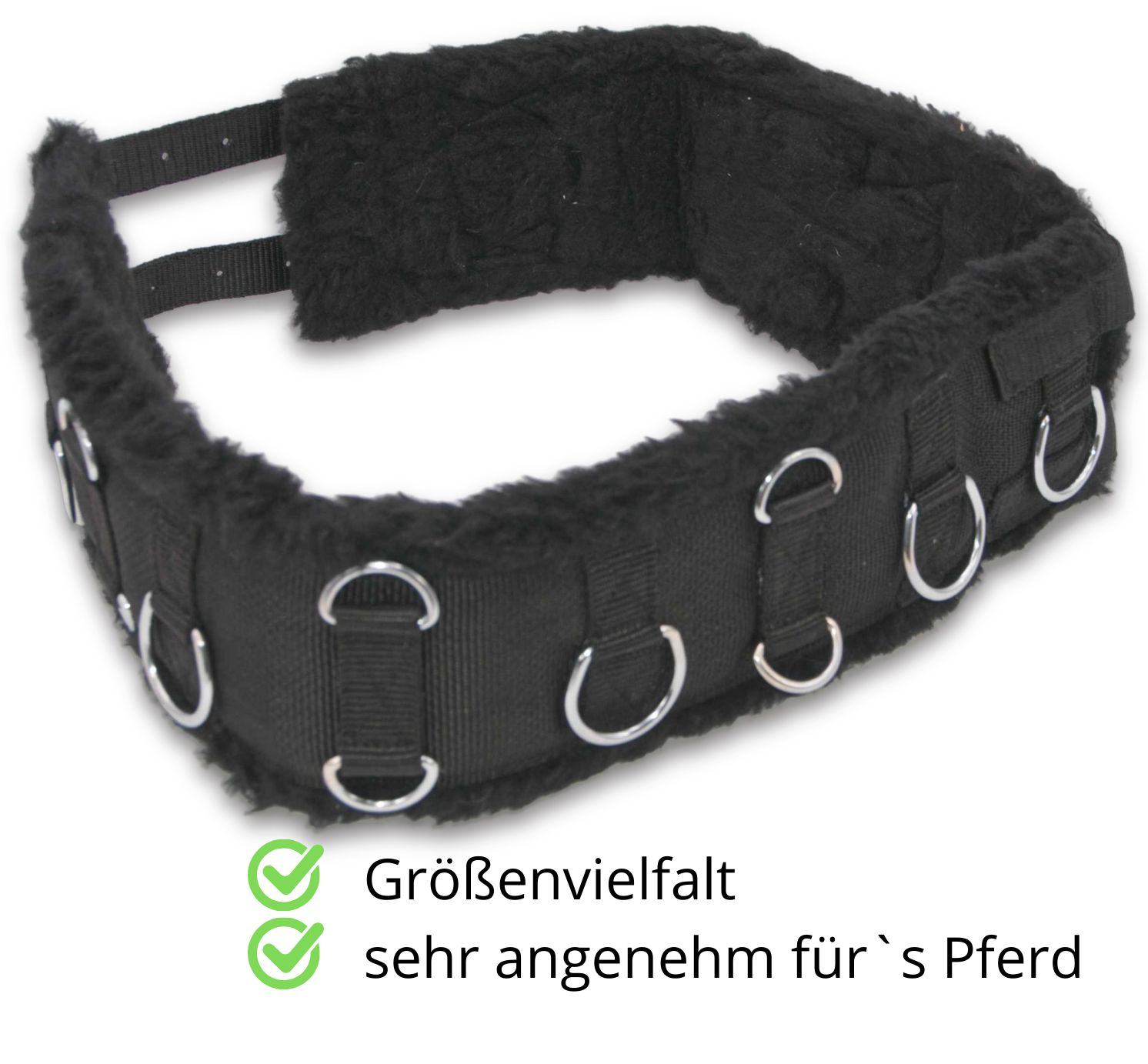 Schwarzer Longiergurt mit Fell und Metallringen. Text: Größenvielfalt, sehr angenehm für's Pferd.