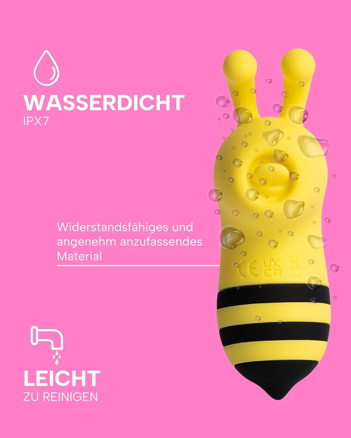 Gelber Vibrator in Bienenform, wasserdicht (IPX7), aus strapazierfähigem Material.