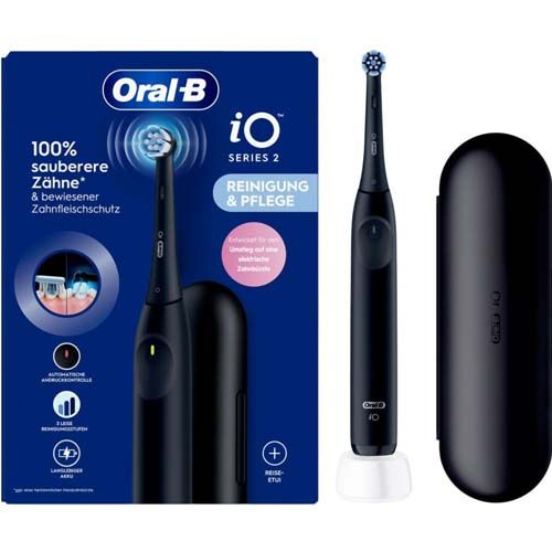 Oral-B iO Series 2 elektrische Zahnbürste in Schwarz mit Ladecase und Ladestation.