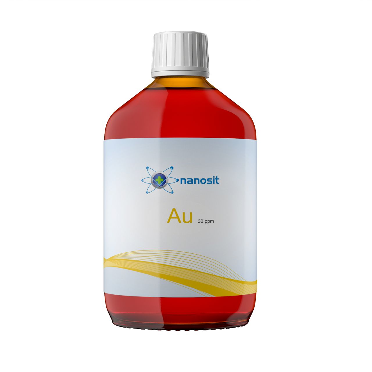 Rote Glasflasche mit weißem Etikett. Aufschrift "nanosit" und "Au 30 ppm". Weißer Schraubverschluss.