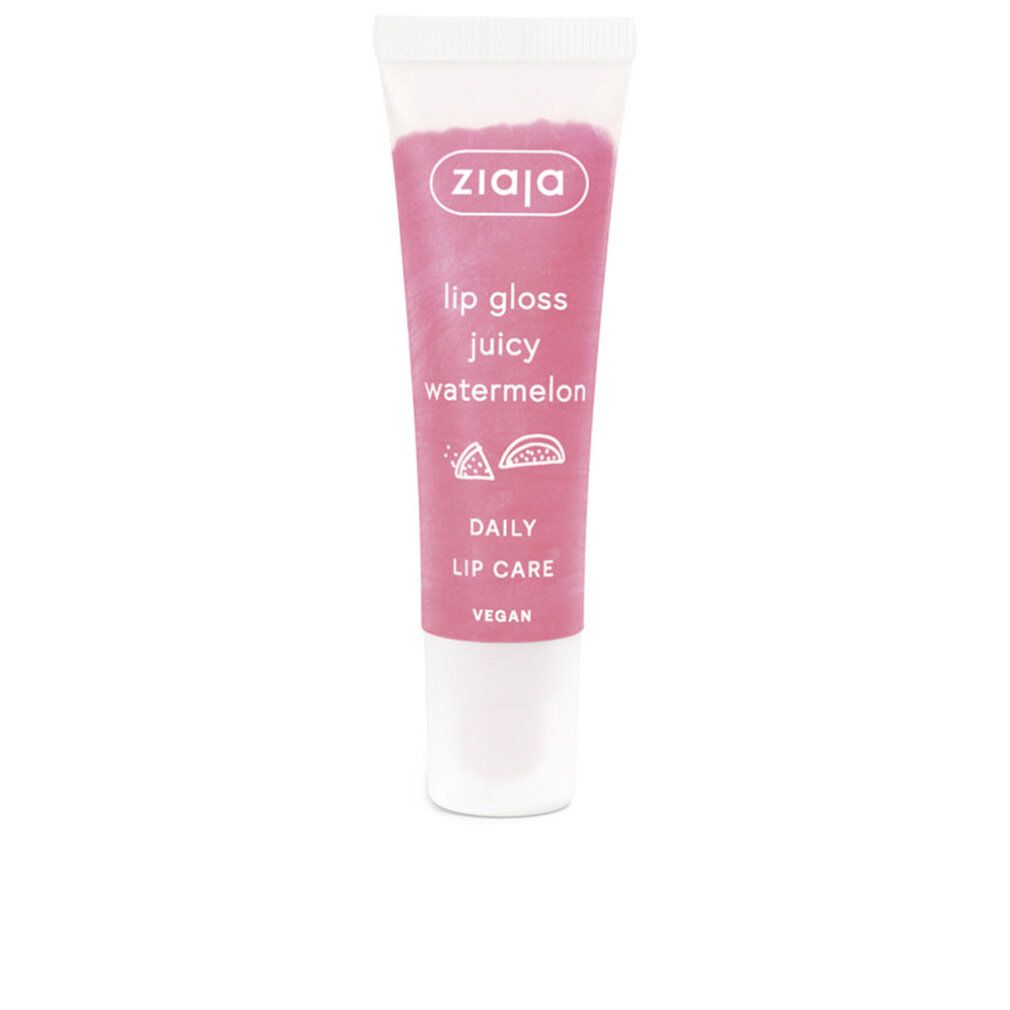 Lipgloss-Tube mit rosa Inhalt. Aufschrift: Ziaja, lip gloss juicy watermelon, Daily Lip Care, Vegan.