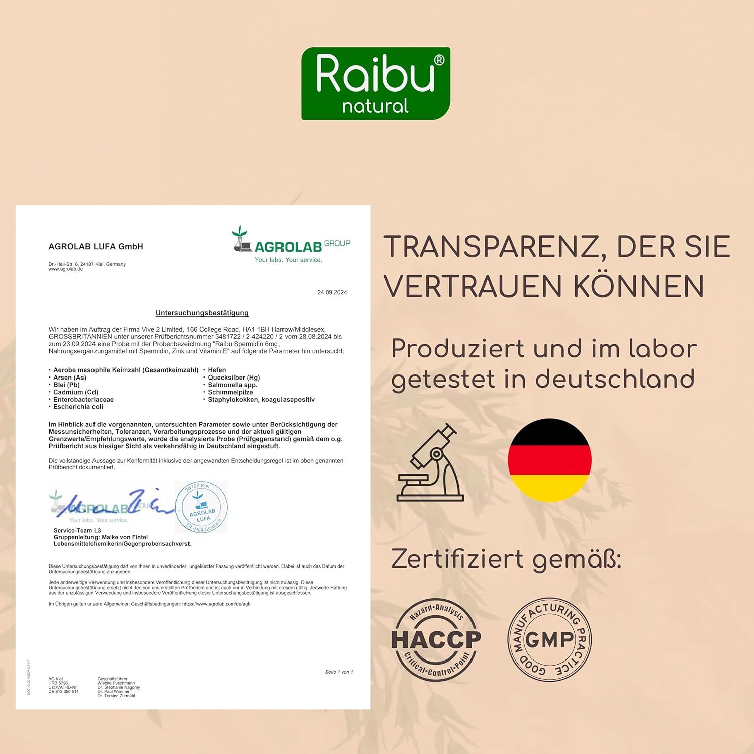Zertifizierungsdokumente und Logo von Raibu. Text: Produziert und im Labor getestet in Deutschland. Zertifiziert gemäß HACCP und GMP.
