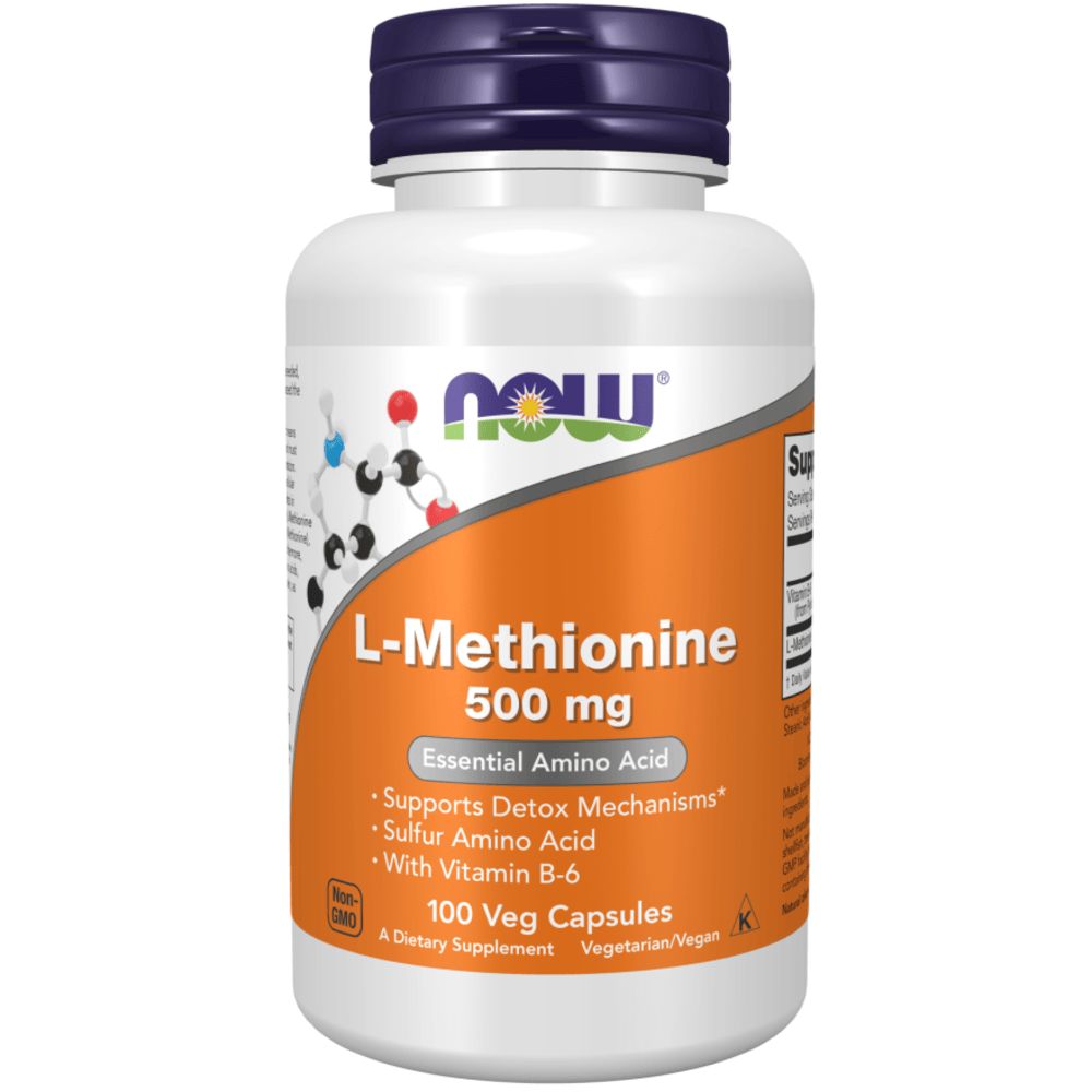 Weiße Flasche mit blauem Deckel. Aufschrift: L-Methionin 500 mg, Essential Amino Acid, 100 Veg Capsules. Marke: now.