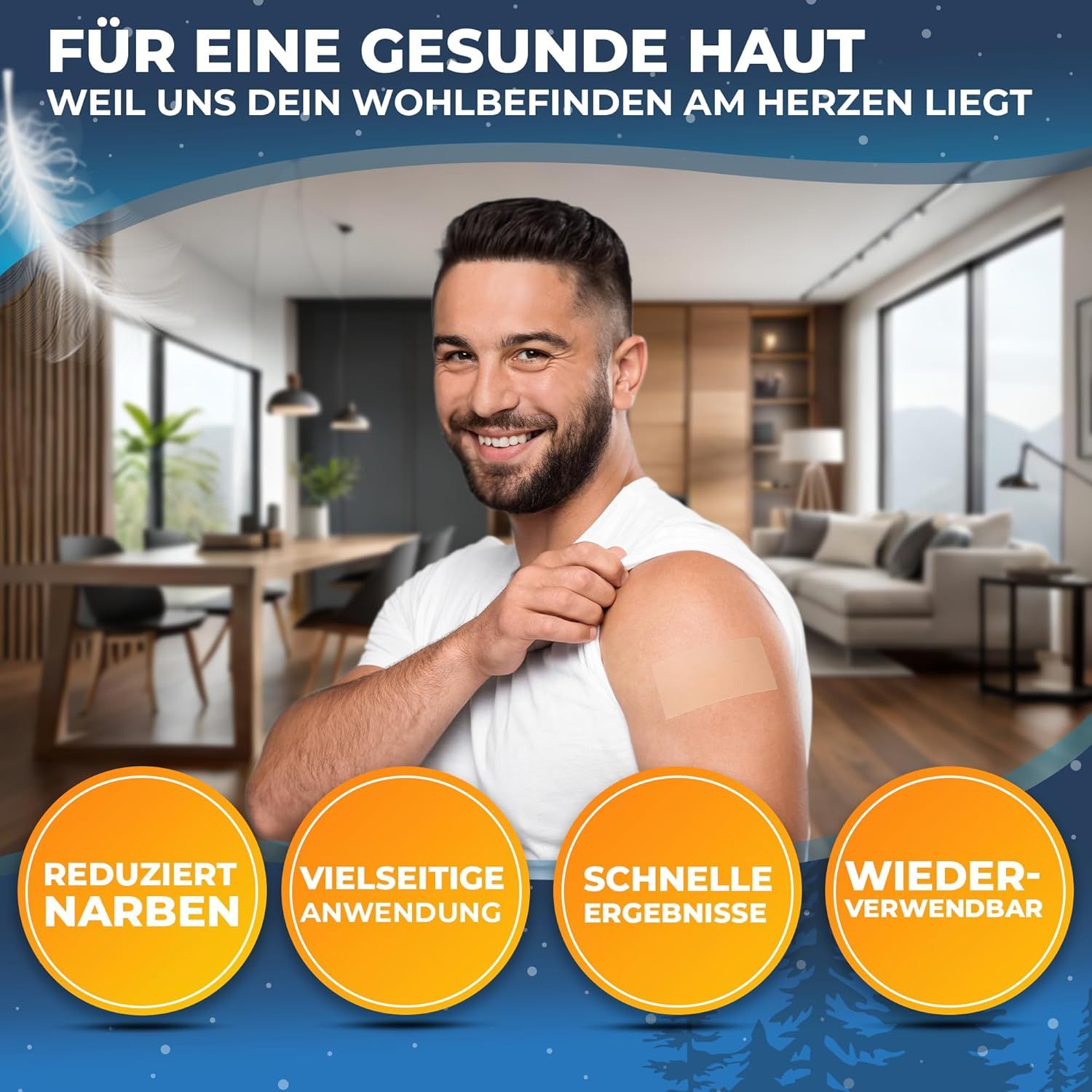 Mann mit Pflaster auf dem Arm. Kreisförmige Buttons mit Text: Reduziert Narben, Vielseitige Anwendung, Schnelle Ergebnisse, Wiederverwendbar. Text: Für eine gesunde Haut.