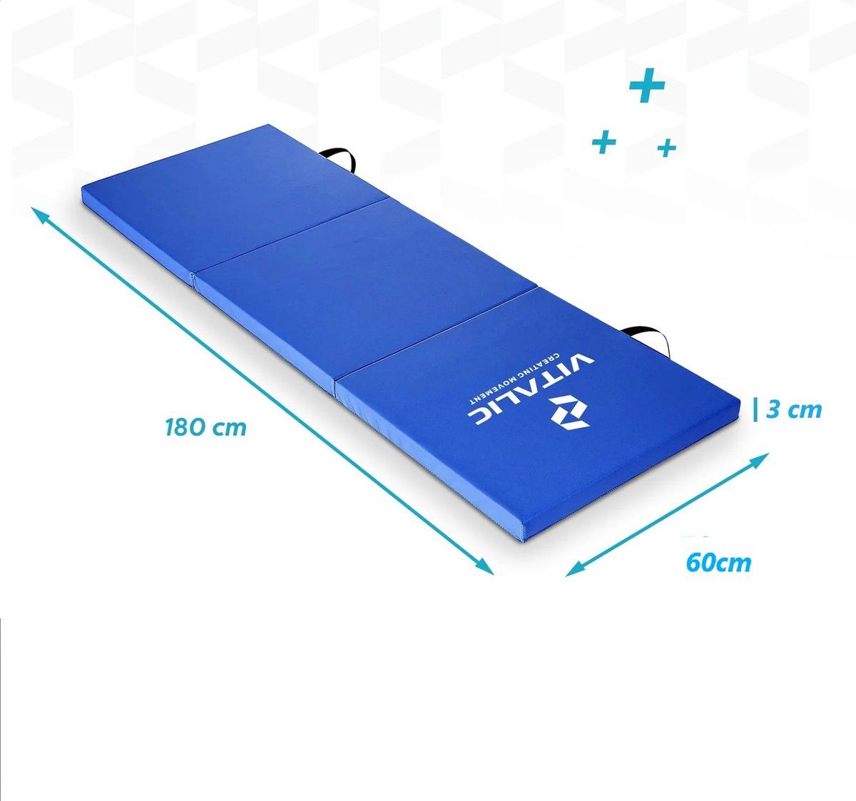 Blaue, faltbare Fitnessmatte. Maße: 180 x 60 x 3 cm. Mit Tragegriffen und Logo.