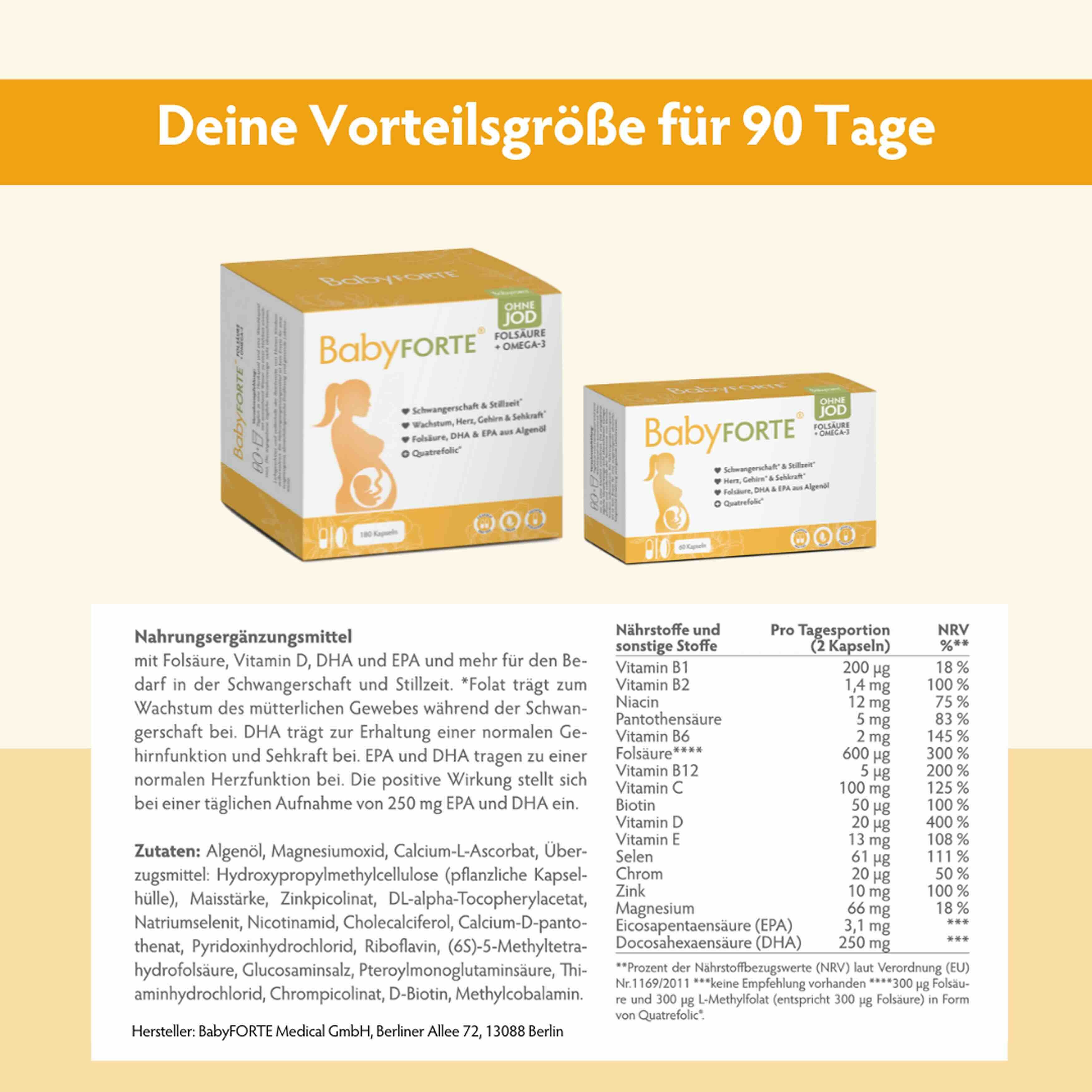 Zwei BabyFORTE®-Packungen. Text: Deine Vorteilgröße für 90 Tage. Nährwerttabelle. Inhaltsstoffe.