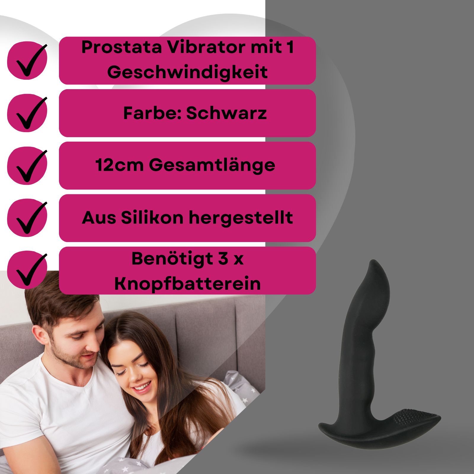 Schwarzer Vibrator. L-förmig. Text auf rosa Banner: 12cm, Silikon, Batterien.
