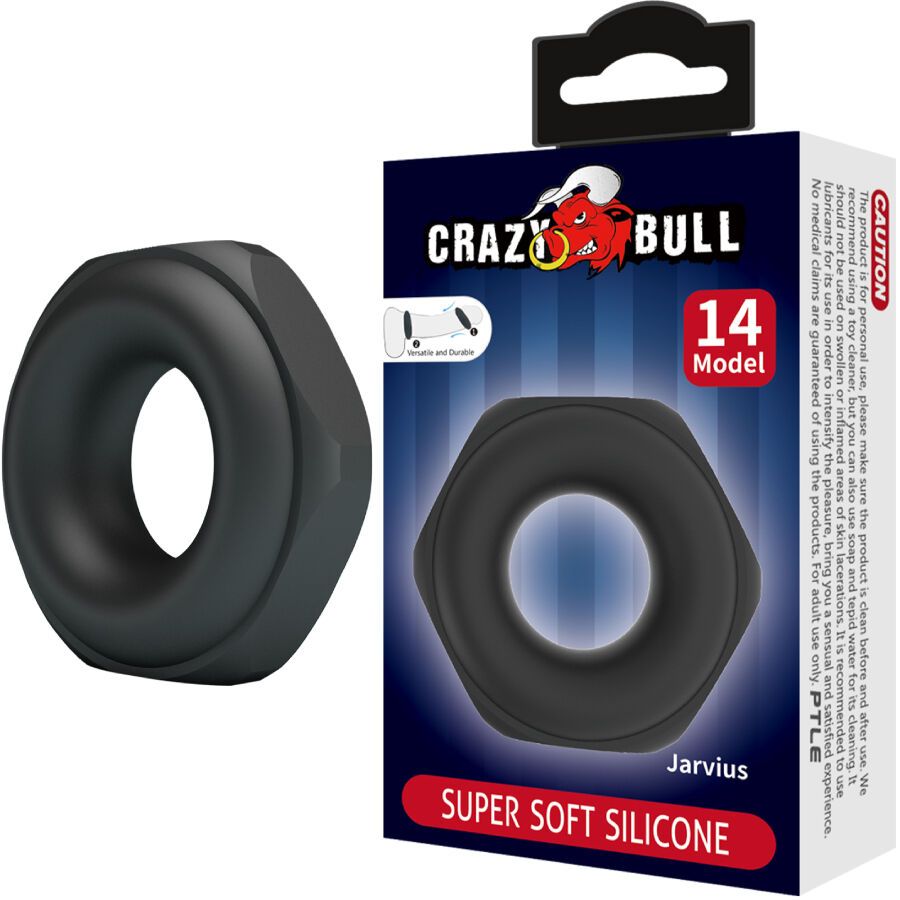 Verpackung mit schwarzem Penisring. Aufdruck: Crazy Bull, Jarvius, Super Soft Silicone, Modell 14.