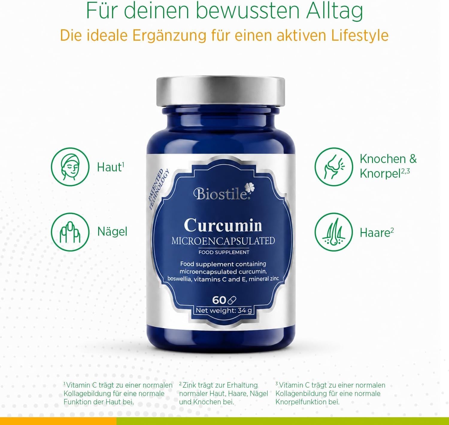 Biostile Curcumin Kapsel mit Icons für Haut und Knochen.