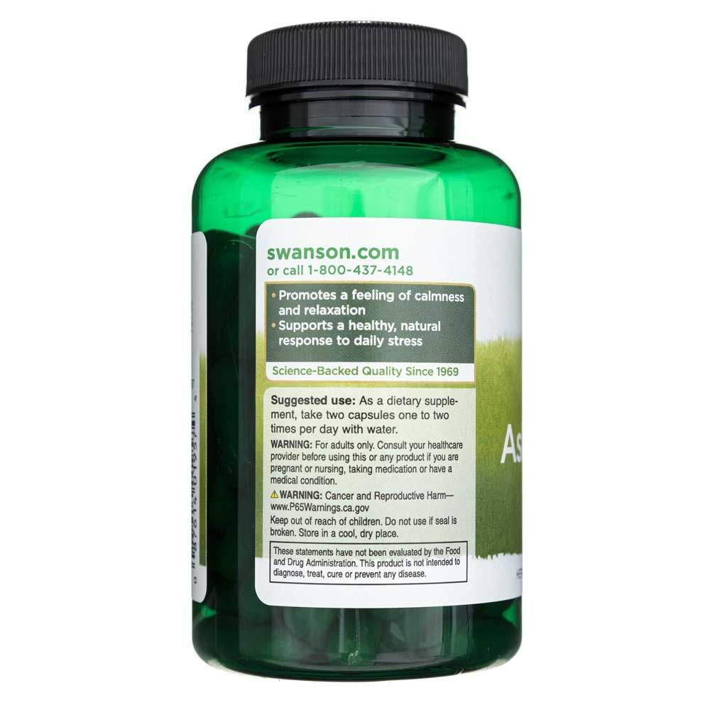 Rückseite einer grünen Flasche mit Ashwagandha-Kapseln, zeigt Anwendungshinweise und Warnungen.