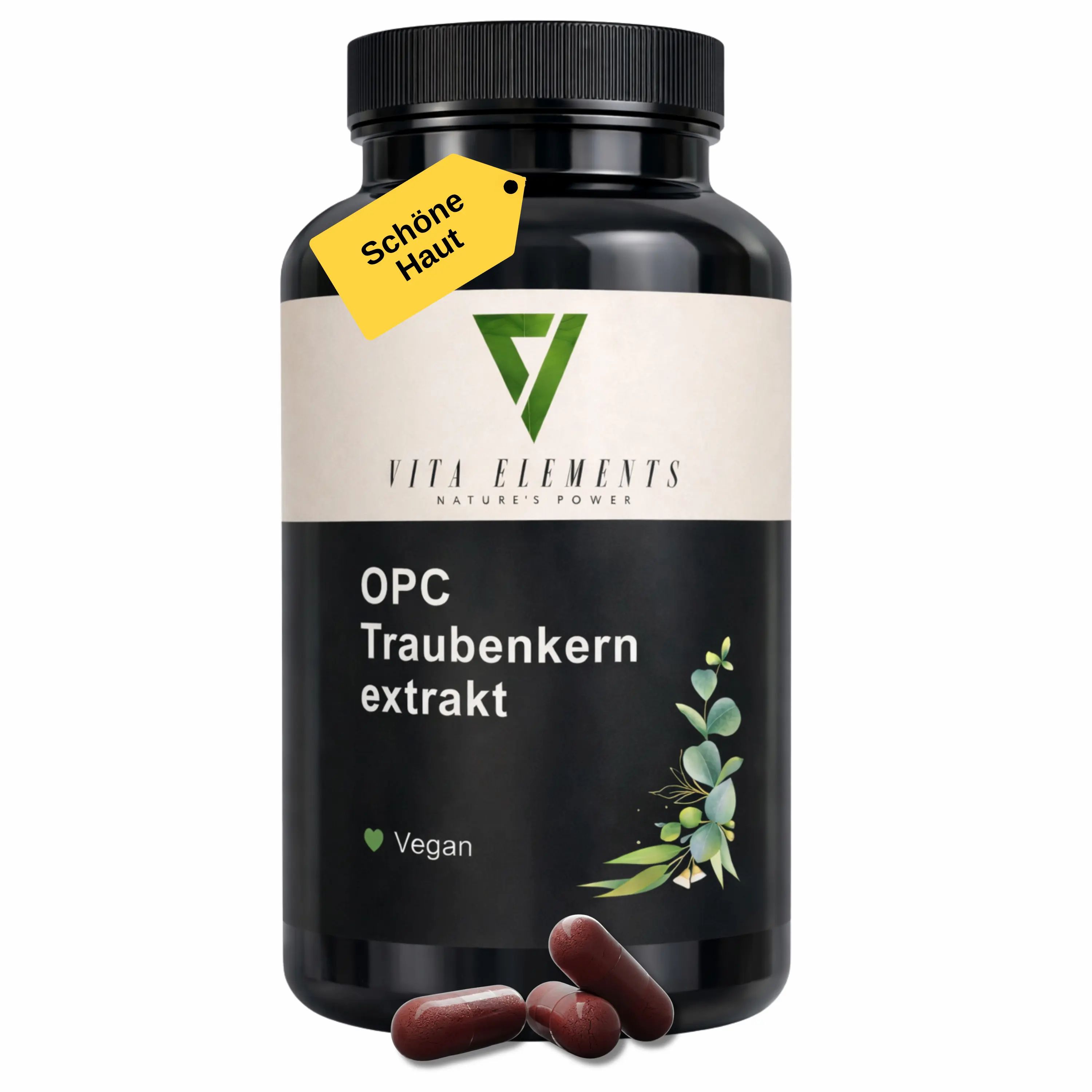 Schwarze Dose mit Vita Elements OPC Traubenkernextrakt Kapseln. Zwei Kapseln liegen daneben.