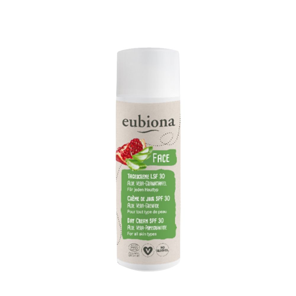 Creme-Tube mit weißem Deckel. Aufschrift: eubiona, Face, Tagescreme LSF 30. Mit Aloe Vera und Granatapfel. Für alle Hauttypen.