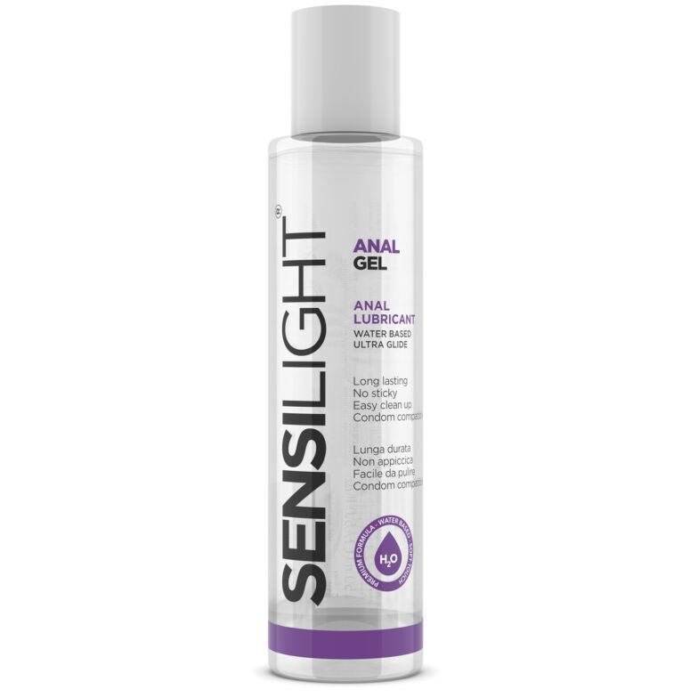 Zylindrische Flasche mit weißem Deckel. Aufschrift: SENSILIGHT, ANAL GEL, ANAL LUBRICANT. Lila Band am Boden.