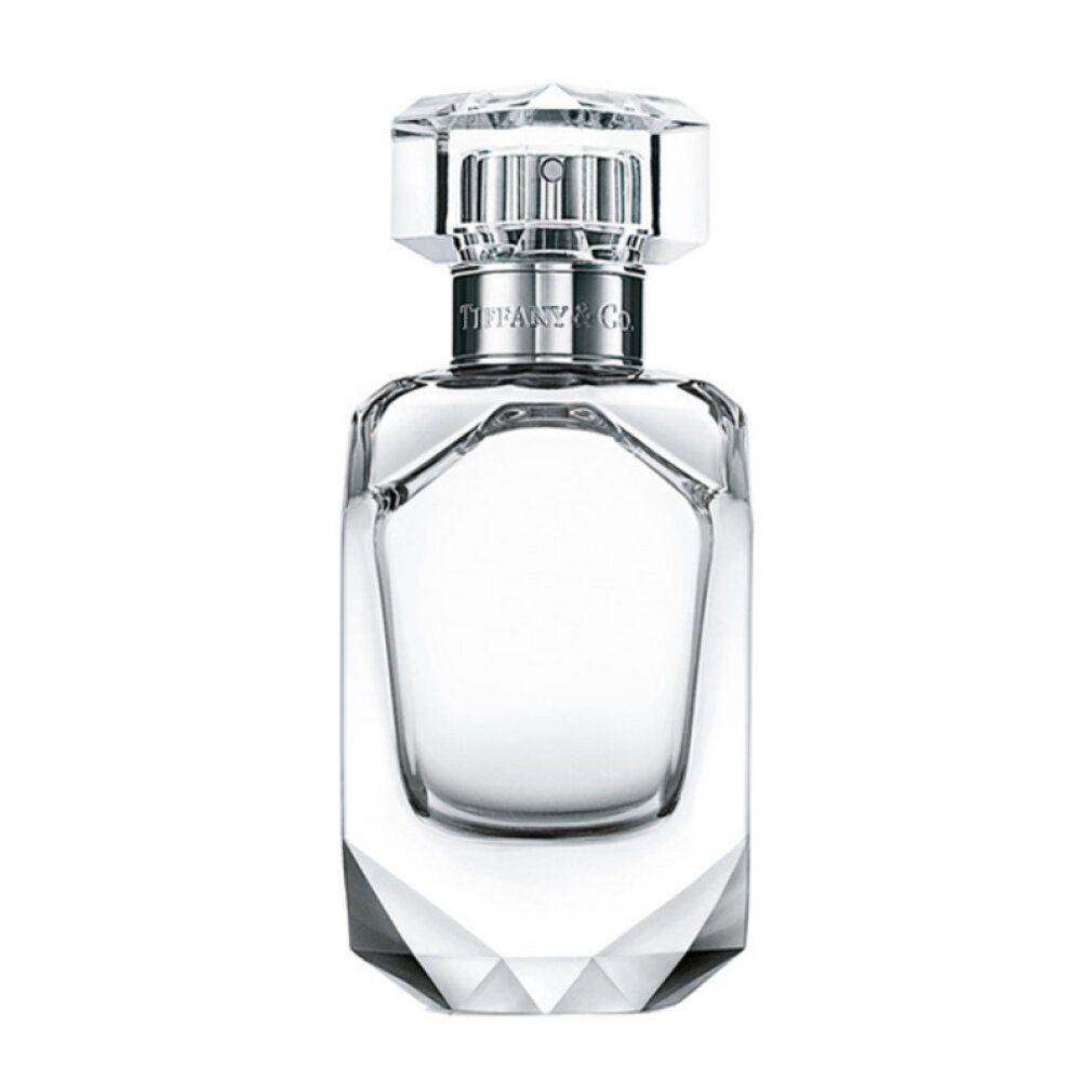 Transparenter Parfumflakon mit facettiertem Boden und Deckel. Silberfarbener Hals mit Aufschrift "Tiffany & Co.".