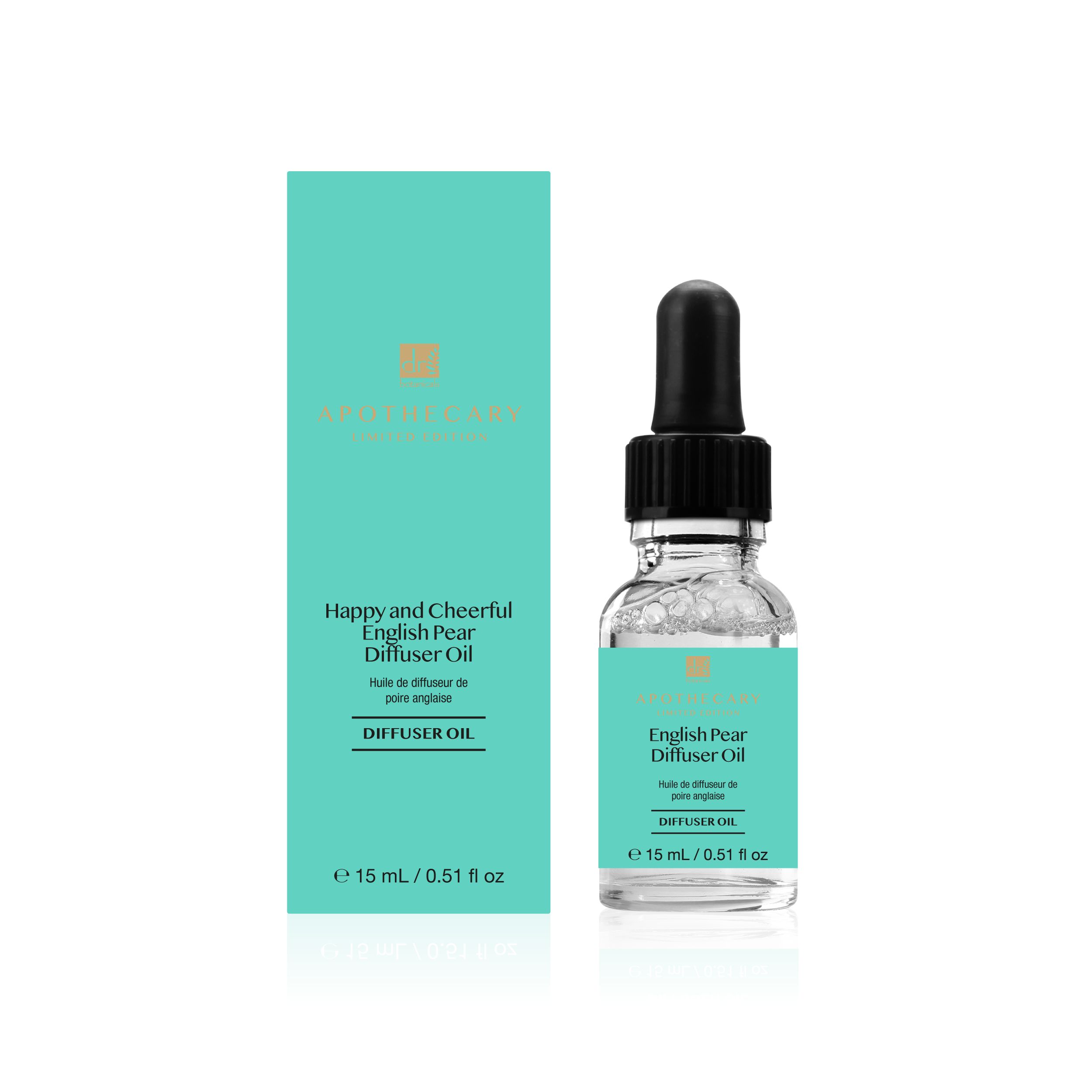 Produktflasche und Schachtel. Türkisfarbene Schachtel mit Produktbezeichnung. Klarflasche mit schwarzem Tropfer. E 15 ml / 0.51 fl oz.