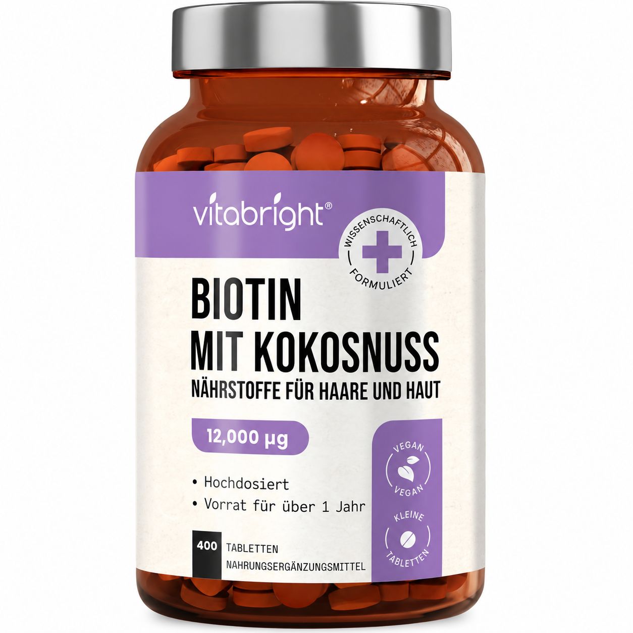 Flasche mit Biotin-Nahrungsergänzungsmitteln. Enthält 400 Tabletten, vegan, hochdosiert, mit Kokosnuss.