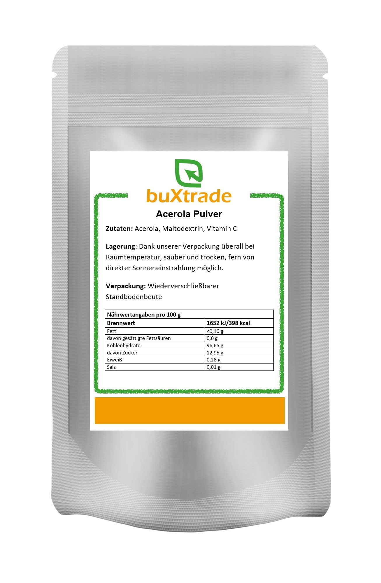 Beutel mit buXtrade Acerola Pulver. Etikett mit Zutaten, Nährwertangaben und Lagerungshinweisen.