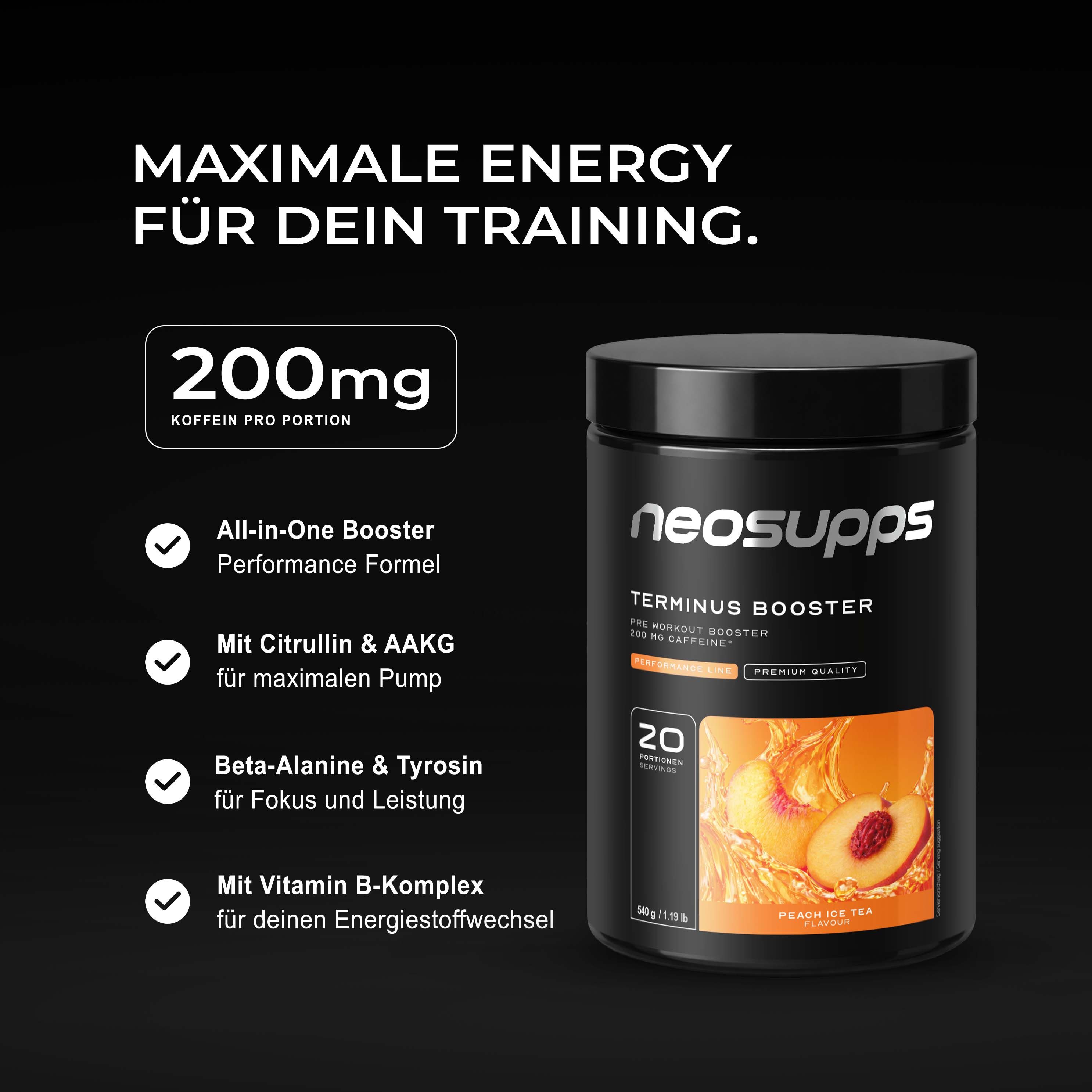 Schwarze Dose mit "neosupps Terminus Booster". Text: 200mg Koffein, All-in-One Booster, Pfirsich Eistee.