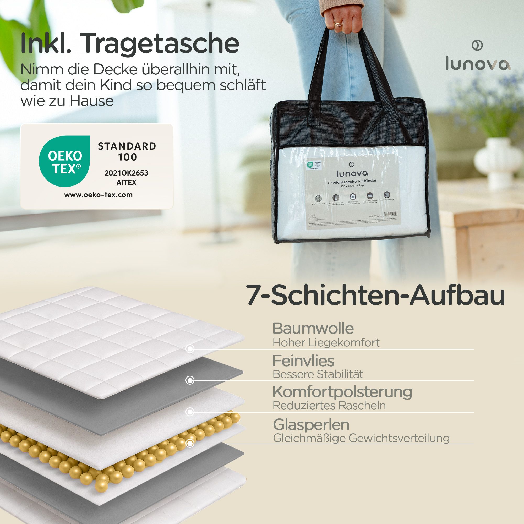 Schwarze Tragetasche mit weißer Decke. Oeko-Tex-Zertifizierung. 7-Schichten-Aufbau mit Baumwolle, Vlies, Komfortpolsterung und Glasperlen.