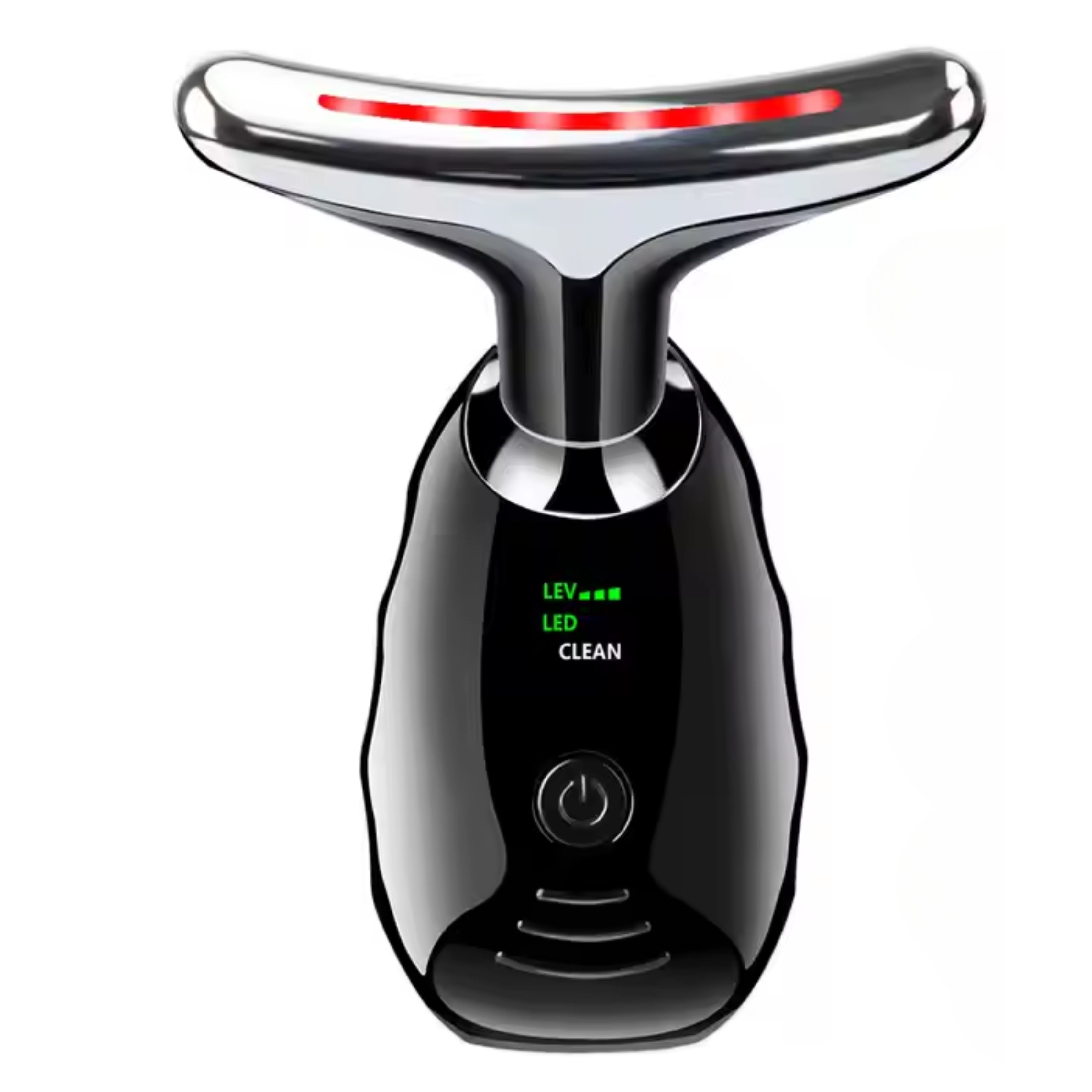 Schwarzes Gesichts- und Nackenmassagegerät mit silberner Spitze und roter LED-Anzeige. Knopf und grüne LED-Anzeige am Griff.