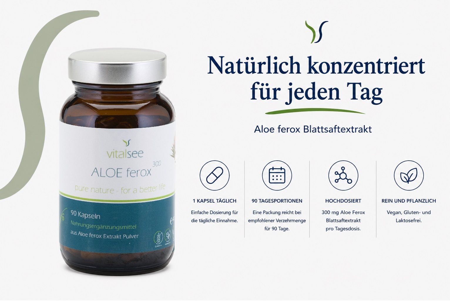 Flasche mit Aloe Ferox Kapseln neben Icons, die tägliche Einnahme und Inhaltsstoffe darstellen.