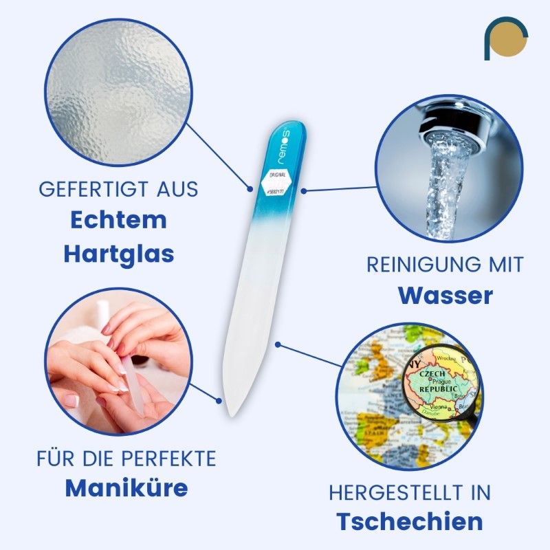 Glasnagelfeile, beidseitig, mit blauem Griff. Beschriftung: "GEFERTIGT AUS Echtem Hartglas".