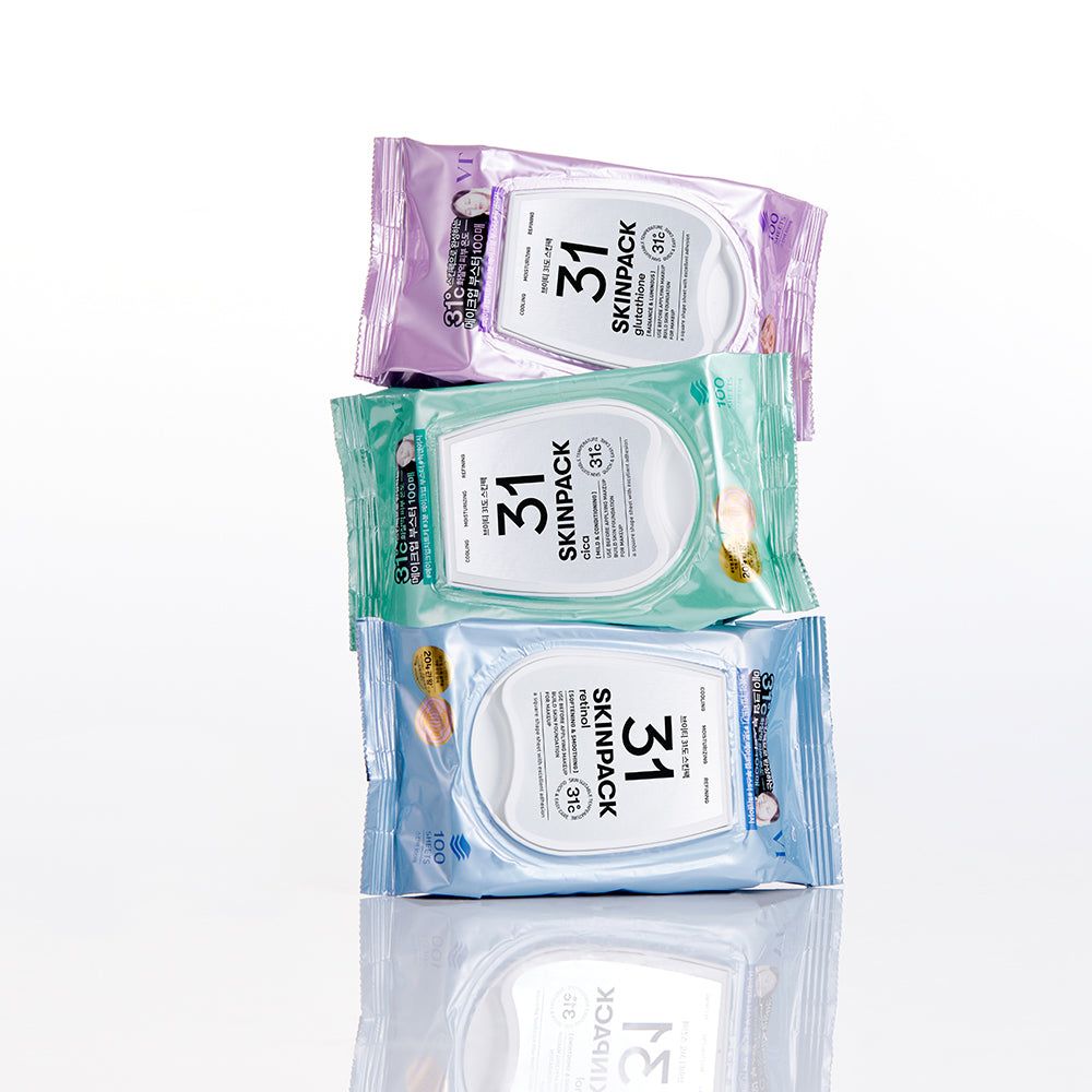 Stapel von VT Cosmetics Cica Skin Pack Feuchttüchern in verschiedenen Farben.