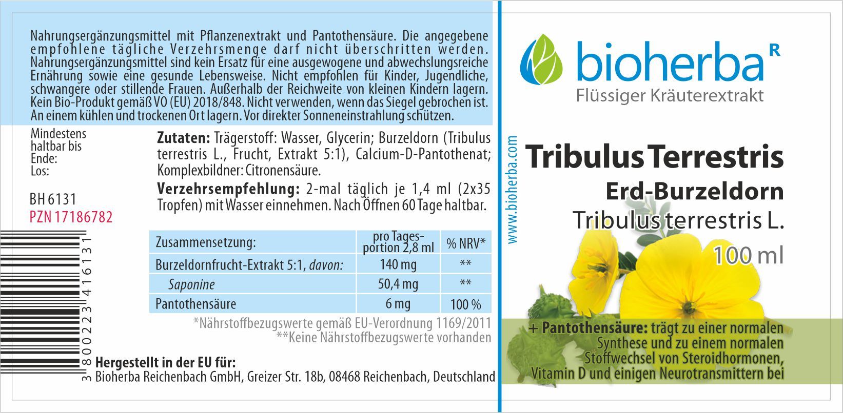 Etikett mit Produktname, Marke Bioherba und floraler Illustration. Text in deutscher Sprache. Enthält Nährwertangaben und Inhaltsstoffe.