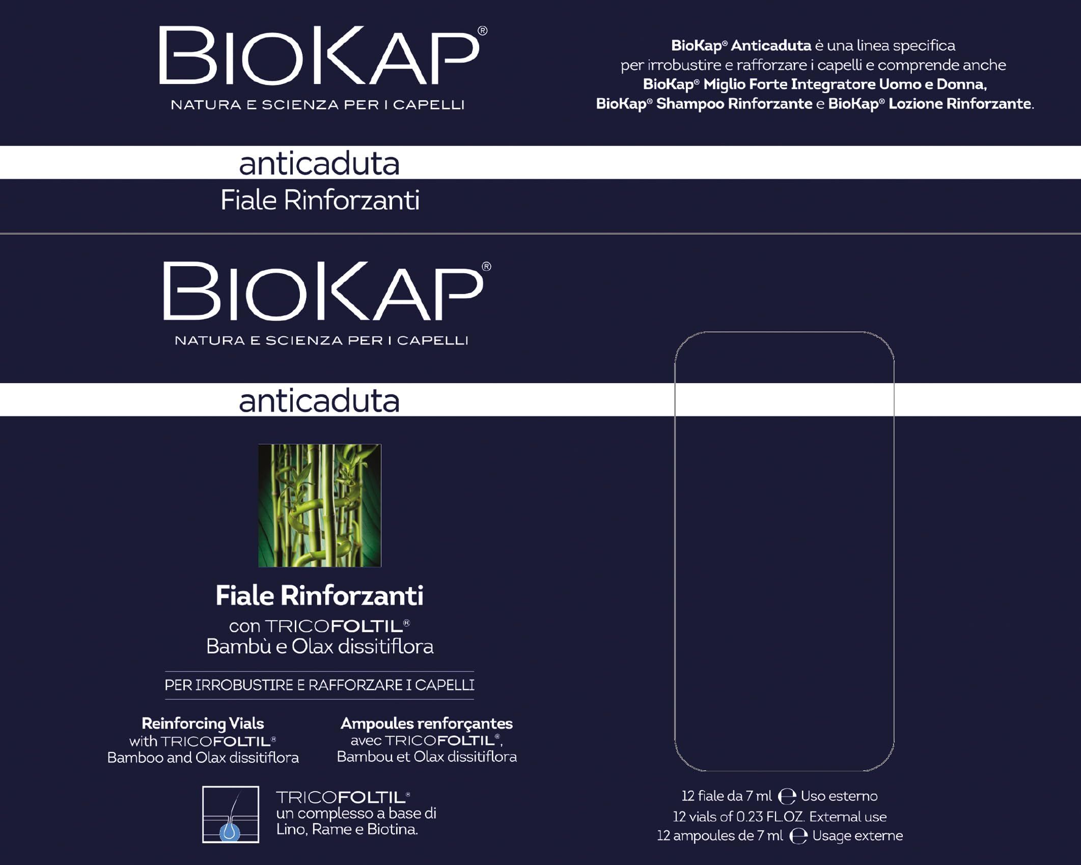 Dunkelblaue Verpackung mit BIOKAP-Logo und Produktnamen 'anticaduta'. Abbildung von Bambus. Text in mehreren Sprachen.