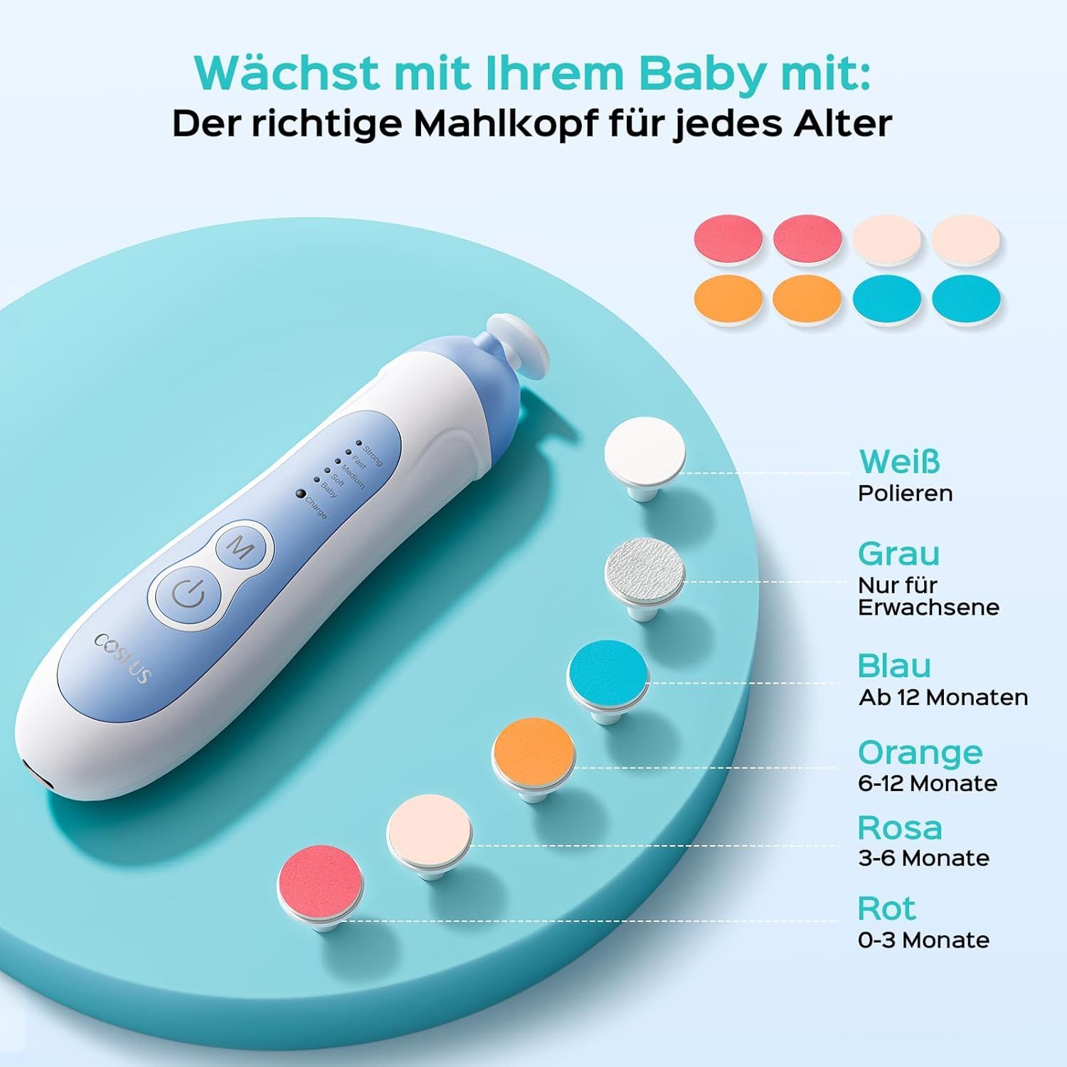 Elektrische Nagelfeile, blau-weiß. Auf blauem Untergrund. 8 Aufsätze in verschiedenen Farben. Für verschiedene Altersgruppen.