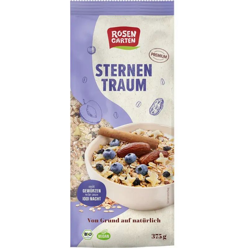 Verpackung von Rosengarten Sternentraum-Müsli. Aufdrucke: Sternentraum, Bio, Vegan, 375g. Abgebildet: Müsli in Schüssel mit Früchten.