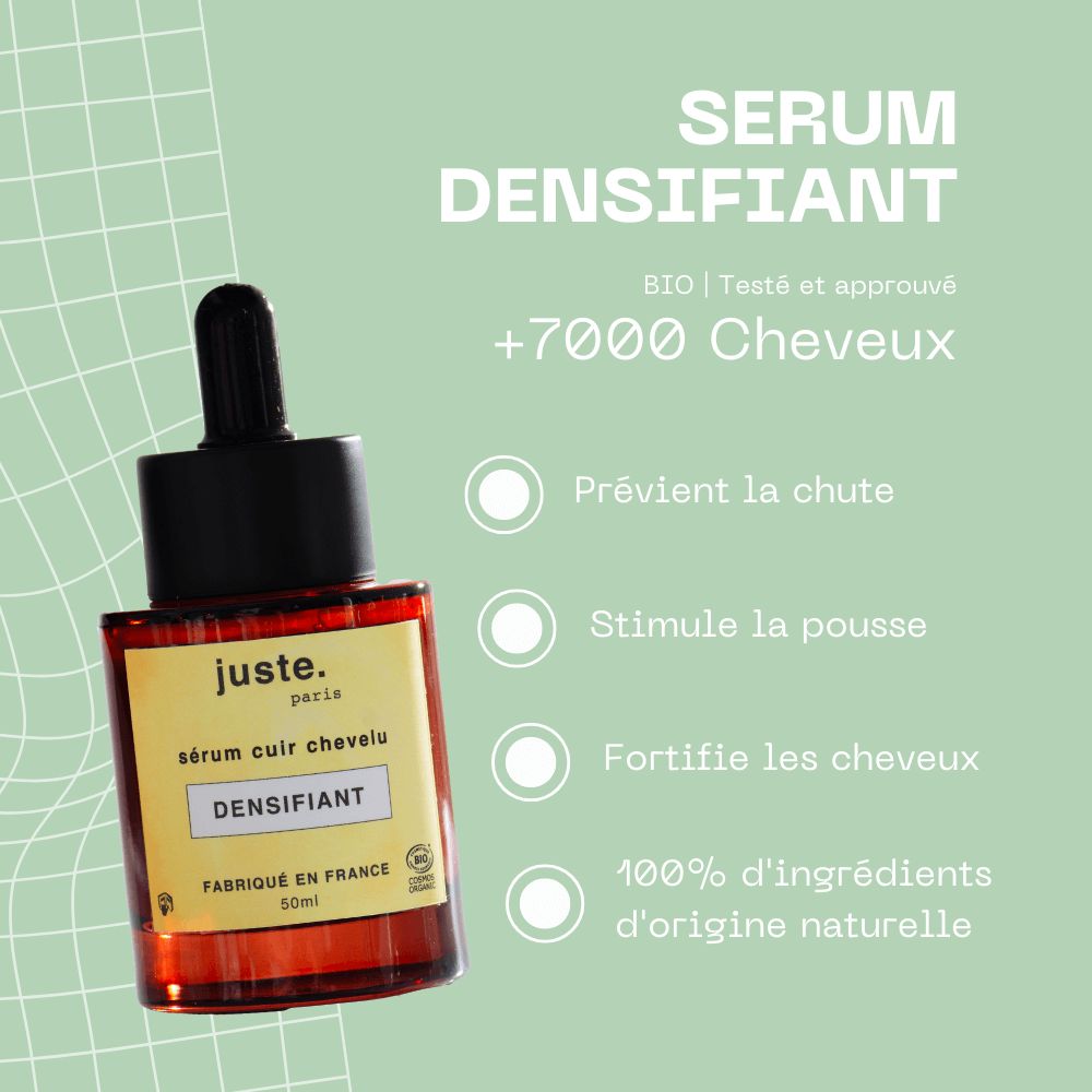 Braune Flasche mit schwarzem Deckel. Aufschrift: Sérum densifiant, juste. Paris. Text: +7000 Cheveux, Bio.