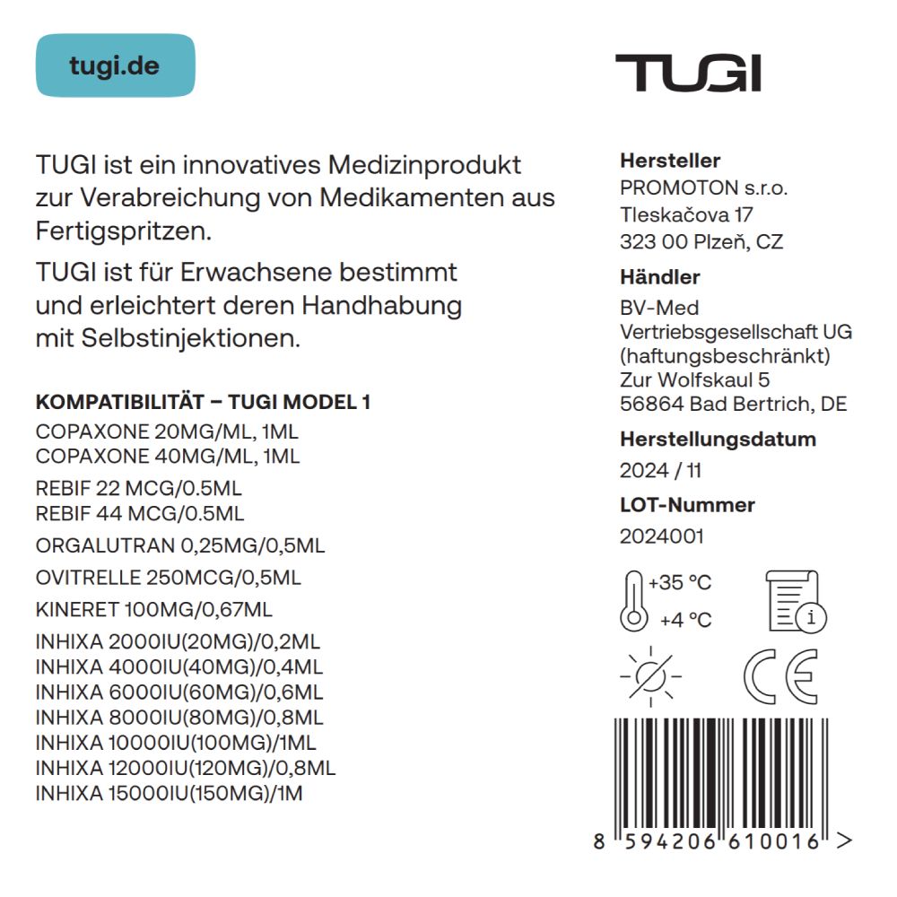 Etikett mit Produktinformationen. Hersteller, Händler, Chargennummer, Haltbarkeit, Kompatibilitätstabelle.