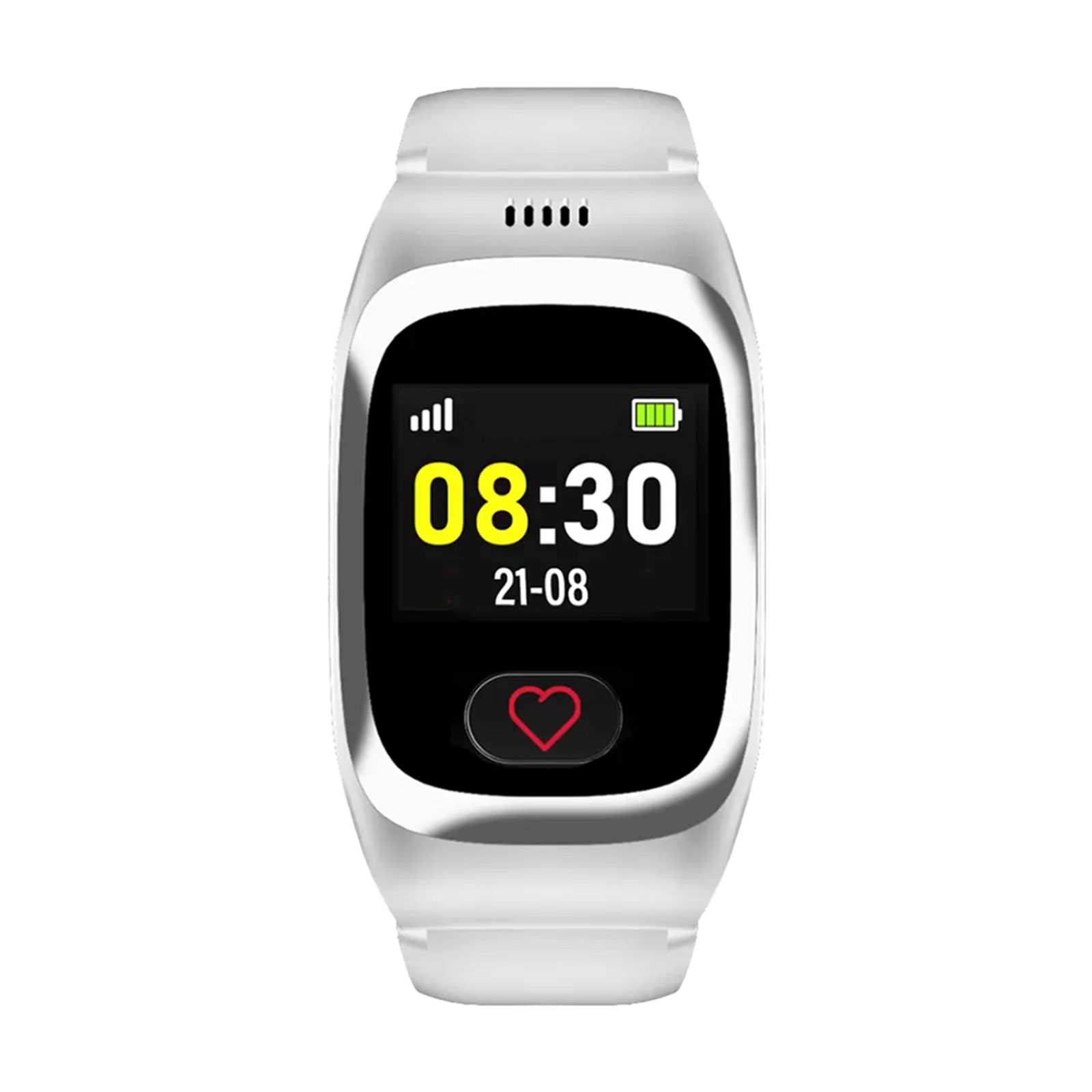Weiße Smartwatch mit Herzfrequenzsensor und SOS-Taste. Zeigt Uhrzeit und Datum an.