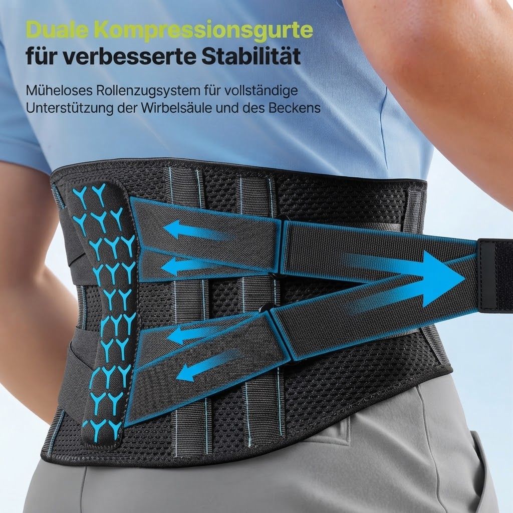 Schwarzer Lendenstützgurt mit 360° Stützsystem und flexiblen PP-Streifen.