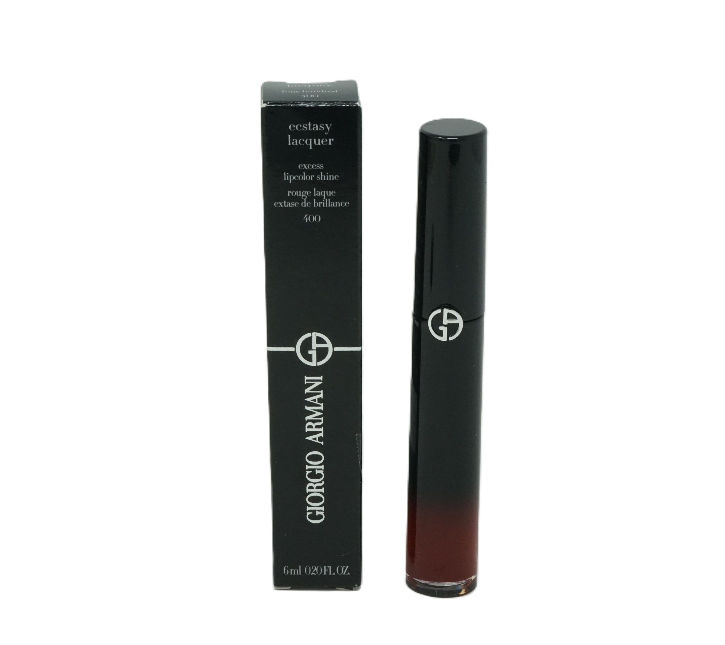 Giorgio Armani Ecstasy Mirror Lipgloss 400. Schwarze Hülse, schwarze Verpackung. Produkt und Verpackung stehen nebeneinander.