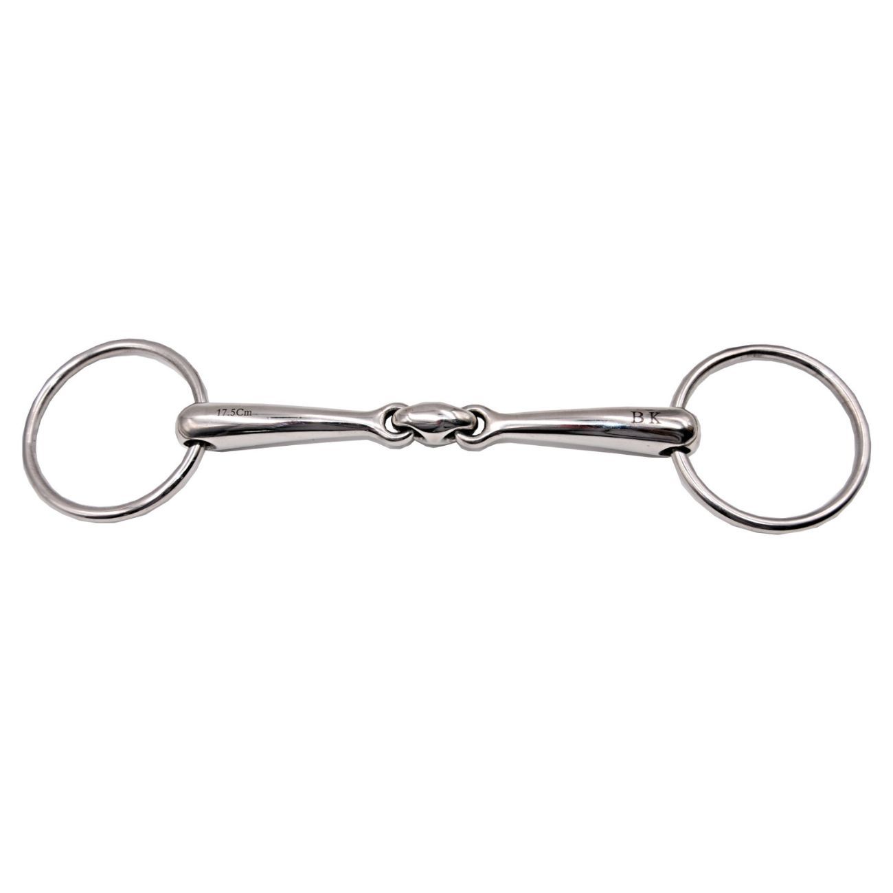 Gebiss mit elliptischem Mittelstück und Ringen. Metall, weißer Hintergrund.