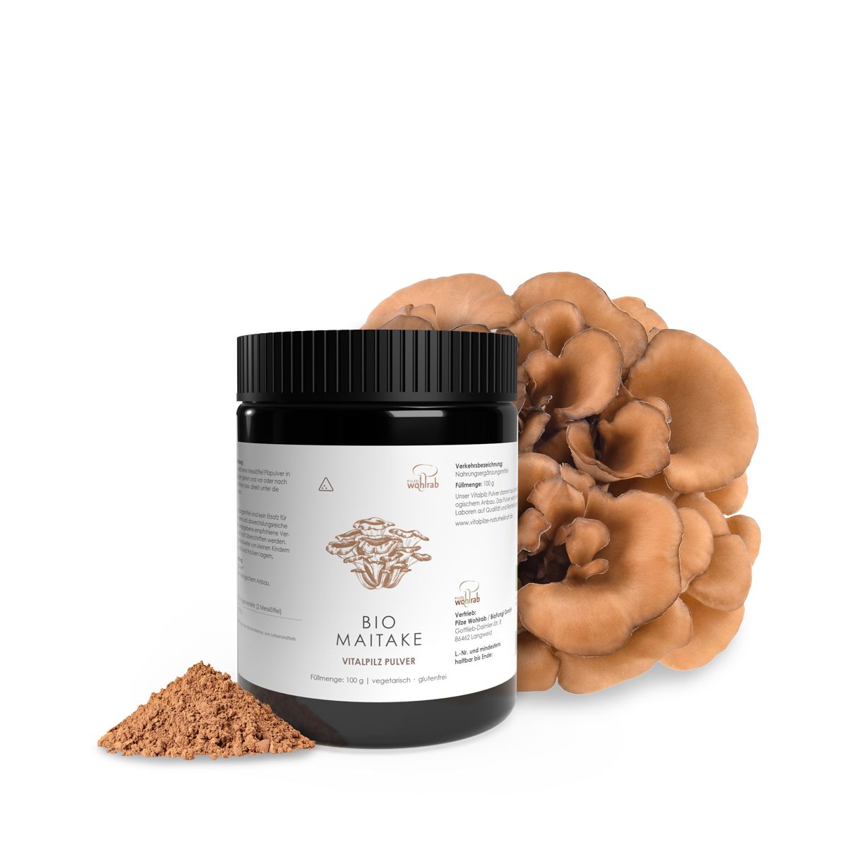 Schwarze Dose mit BIO Maitake Pulver, daneben ein Maitake-Pilz und braunes Pulver. Aufschrift: BIO Maitake Vitalpilz Pulver.