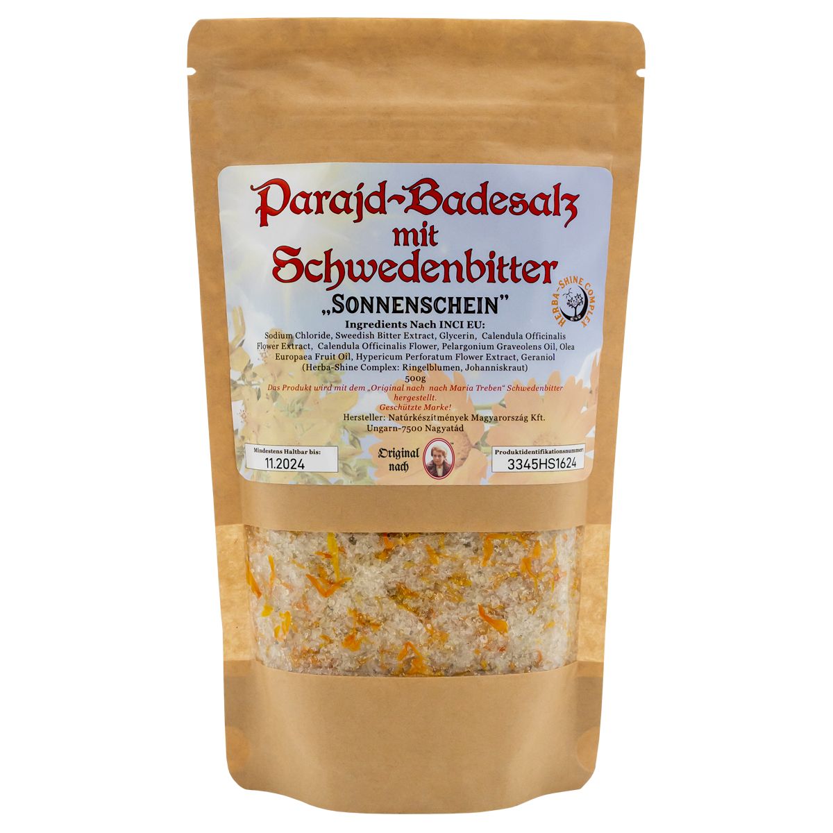 Braune Tüte mit Badesalz. Aufschrift: Parajd-Badesalz mit Schwedenbitter, Sonnenschein. Sichtbares Produkt durch transparentes Fenster.