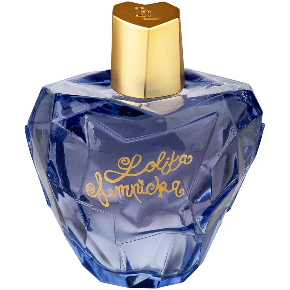 Blauer Flakon mit goldenem Deckel. Aufschrift "Lolita Lempicka". Geometrische Form.