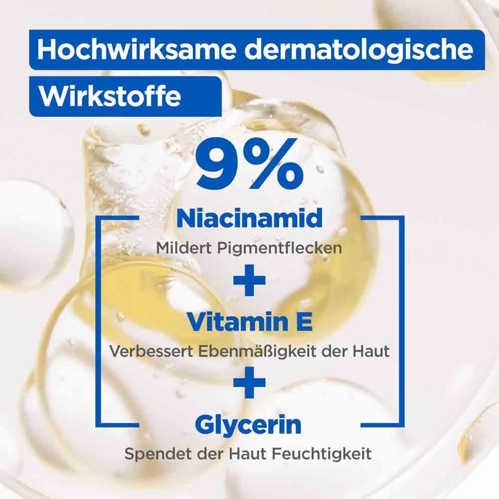Grafik: 9% Niacinamid, Vitamin E, Glycerin. Hochwirksame dermatologische Wirkstoffe. Verbessert Ebenmäßigkeit, spendet Feuchtigkeit.