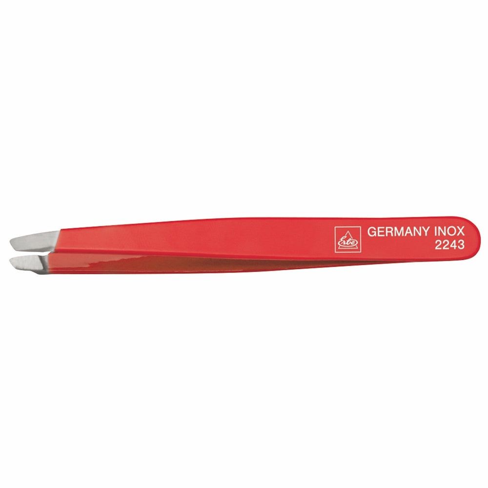 Rote Pinzette aus rostfreiem Edelstahl, schräg zulaufende Spitze, Made in Germany.