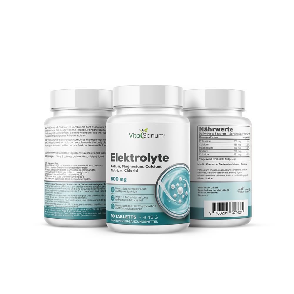 Drei Flaschen VitaSanum Elektrolyte-Tabletten. Mittlere Flasche: Elektrolyte, 500 mg, 90 Tabletten. Grün-weiße Produktgrafik.