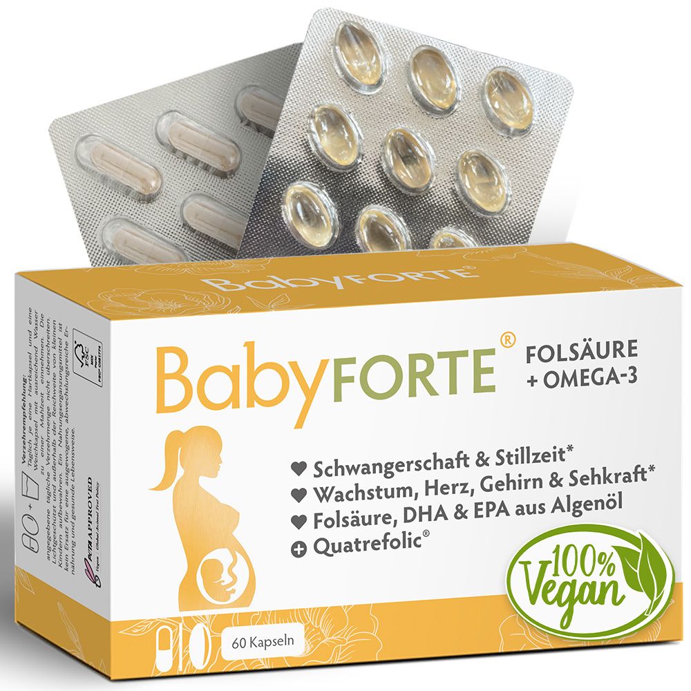 BabyFORTE Folsäure + Omega-3: Packung mit 60 Kapseln, 100% vegan, für Schwangerschaft & Stillzeit.