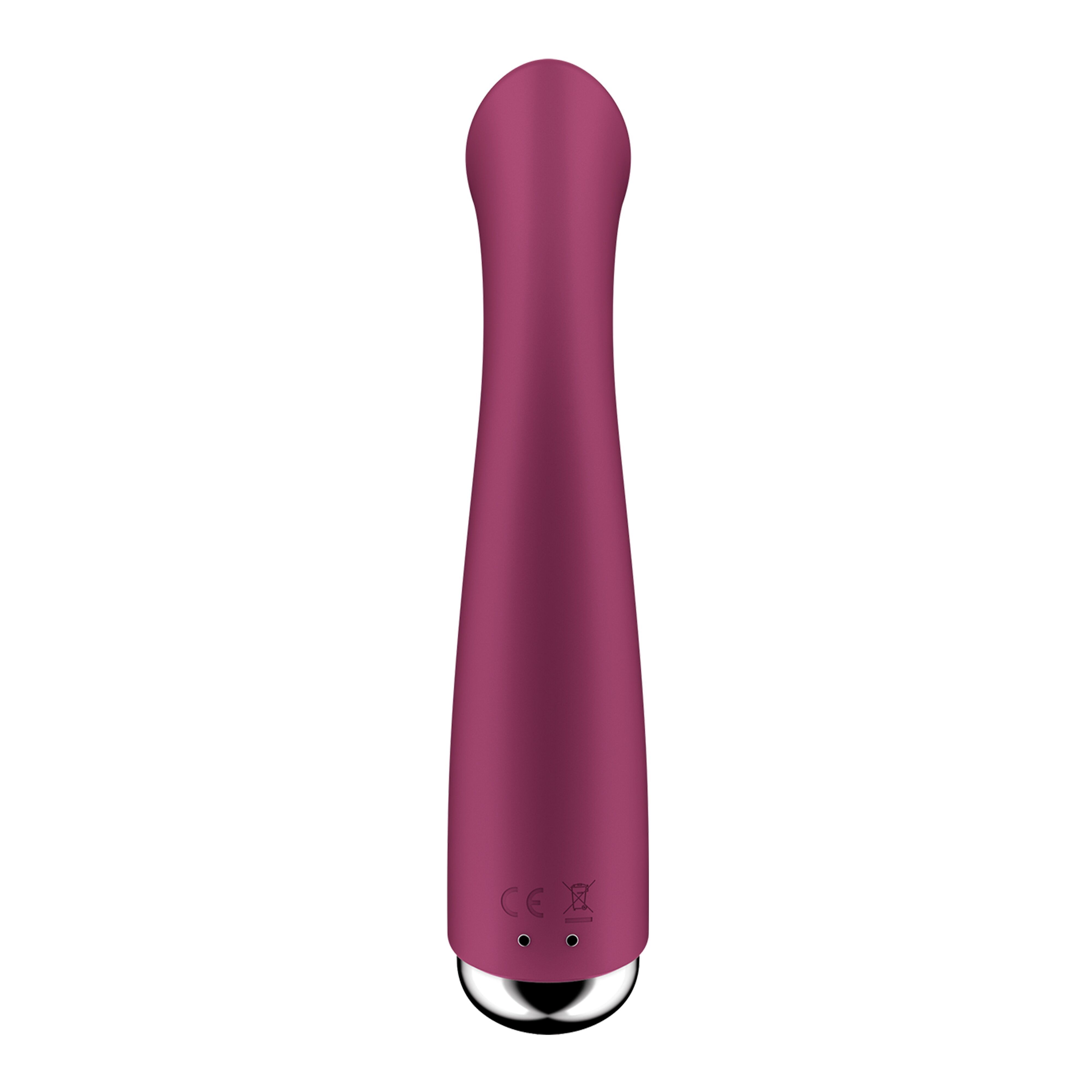 Bordeauxfarbener Vibrator mit silberfarbenem Kopf. Gerades Design. SF-Logo.