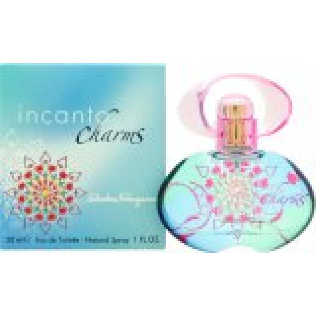 Parfümflakon und Schachtel. Flakon rund, blau-grün mit rosa Akzenten. Schachtel blau mit Schriftzug Incanto Charms.