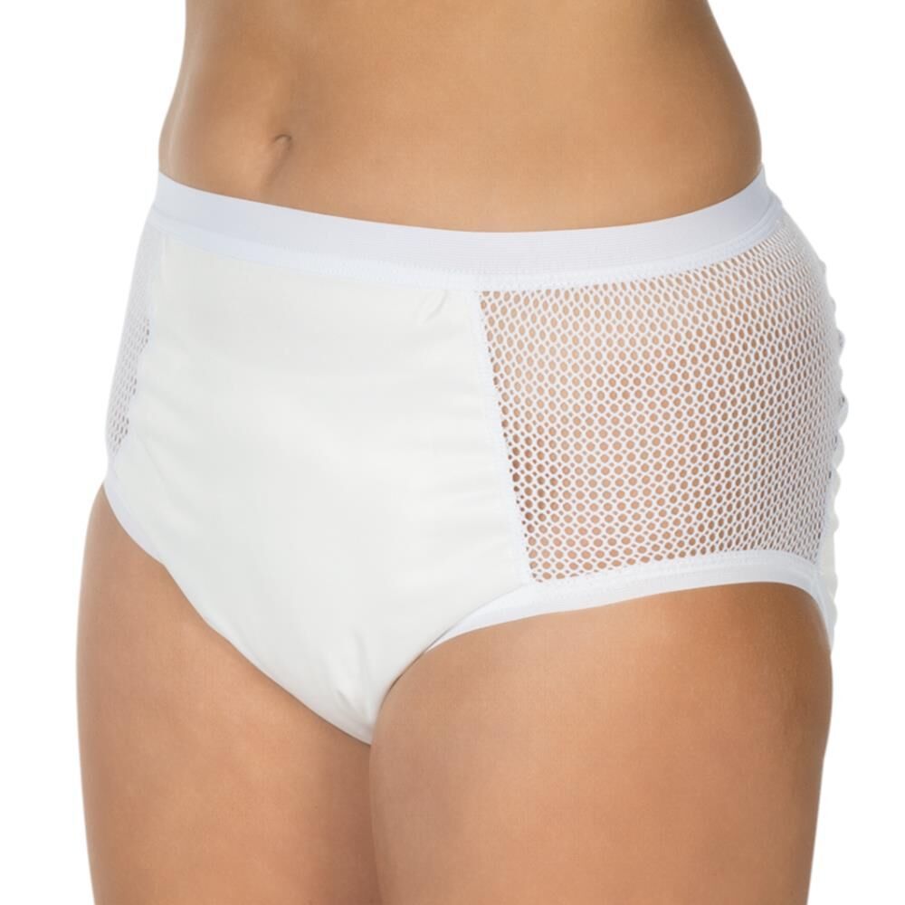 Weißer Inkontinenz-Slip mit Mesh-Einsatz. Nahaufnahme, getragen von einer Person. PU-Material.