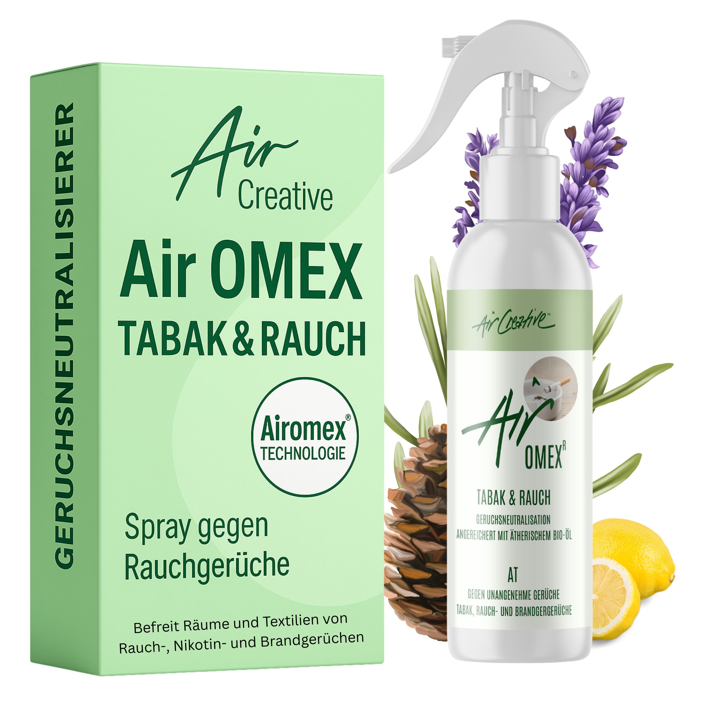Air Creative® OMEX Tabak & Rauch. Spray gegen Rauchgerüche. Flasche und Verpackung mit Produktinformationen. Mit Lavendel und Zitrone.