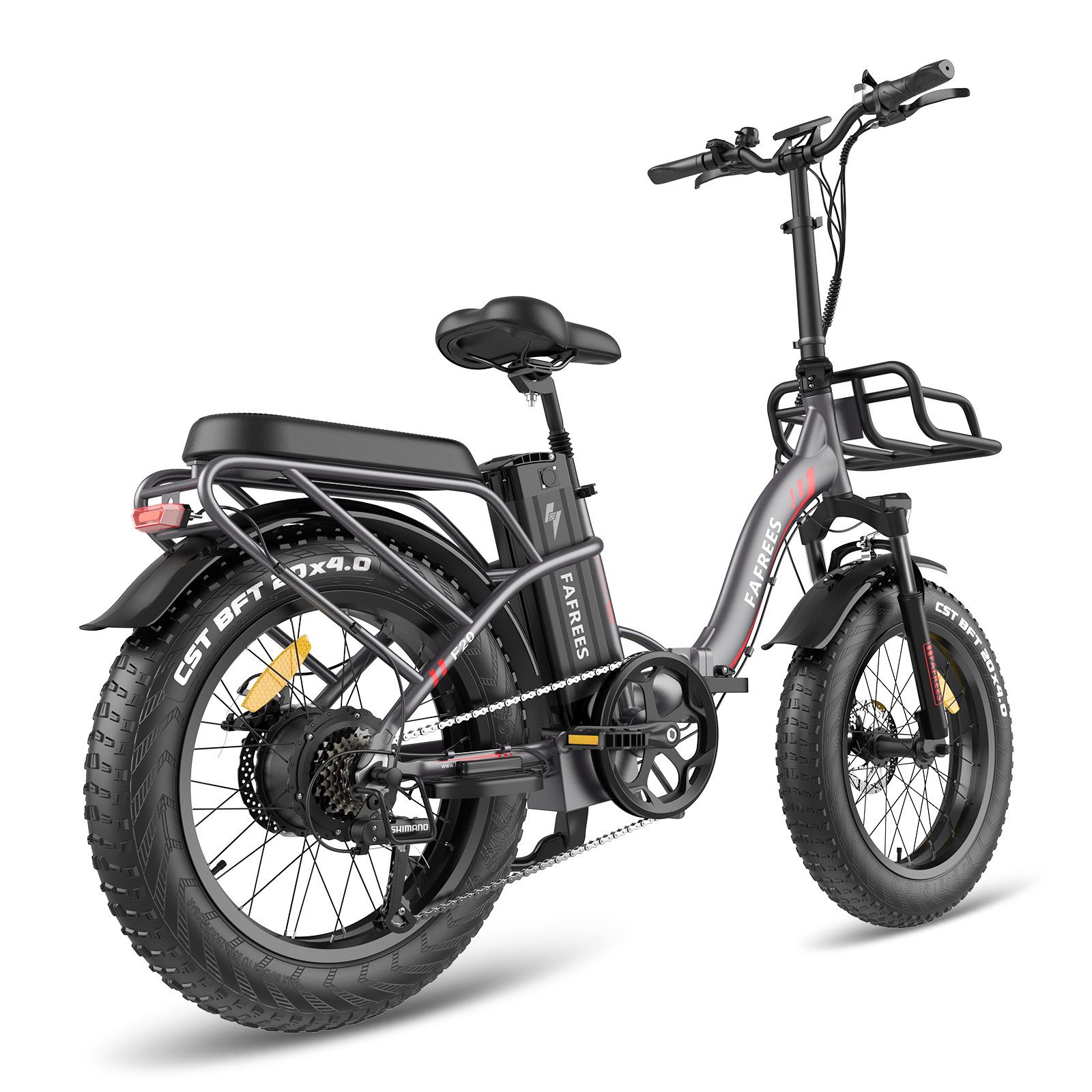 Faltbares E-Bike Fafrees F20 Max, grau mit roten Akzenten. Schwarze Reifen, Gepäckträger und Korb. Marke sichtbar.